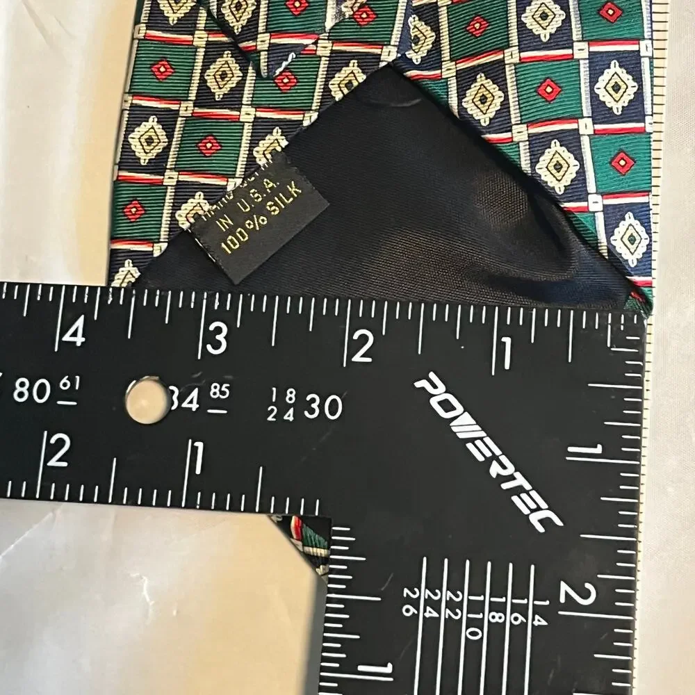 Vintage HUNTING HORN Green Navy Red Medallion Print Silk Men's Tie 63